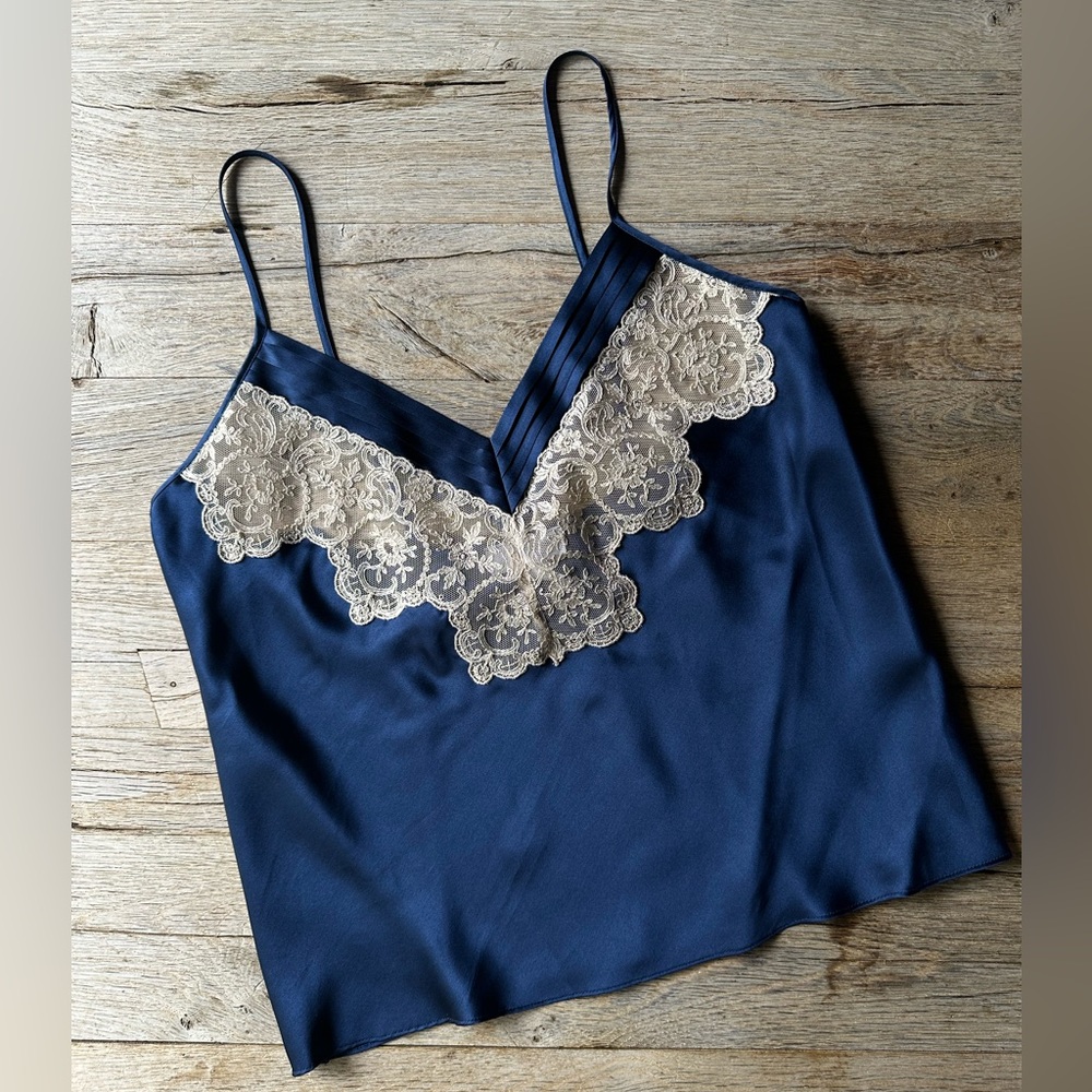 Vintage Morgan Taylor Camisole 100% Silk / Dark Blue / Ivory Lace / Size Small - Picture 2 of 8
